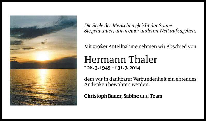  Todesanzeige für Hermann Thaler vom 05.08.2014 aus Vorarlberger Nachrichten