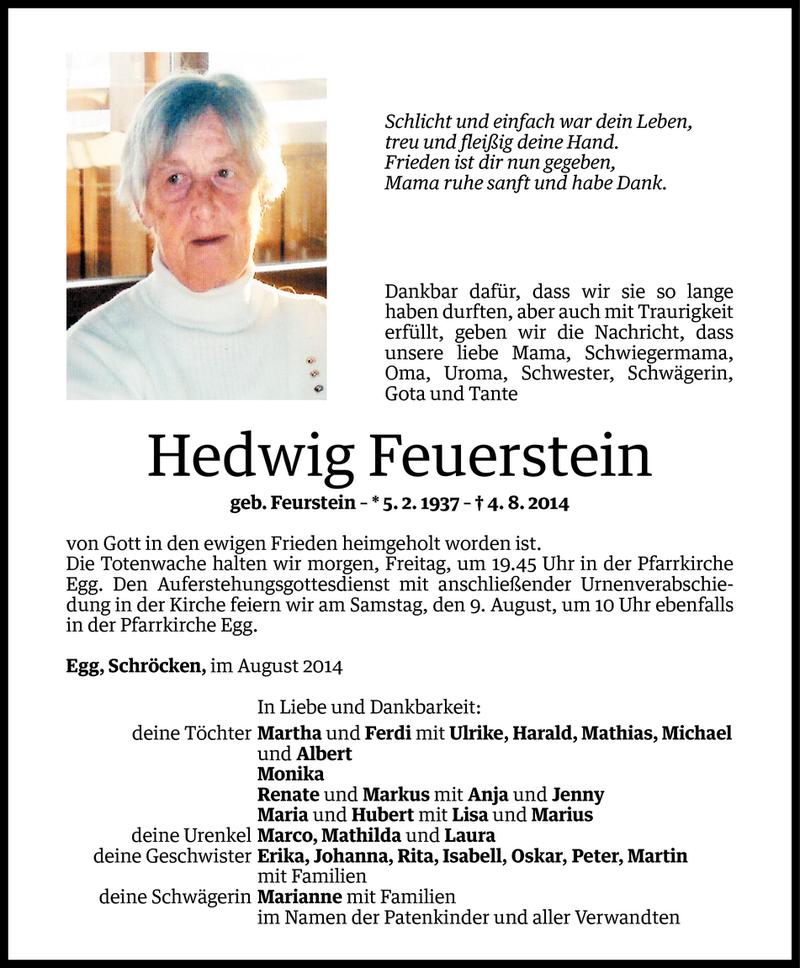  Todesanzeige für Hedwig Feuerstein vom 06.08.2014 aus Vorarlberger Nachrichten