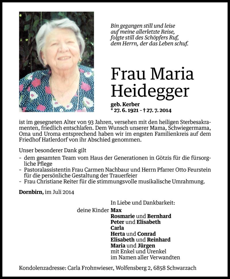  Todesanzeige für Maria Heidegger vom 07.08.2014 aus Vorarlberger Nachrichten