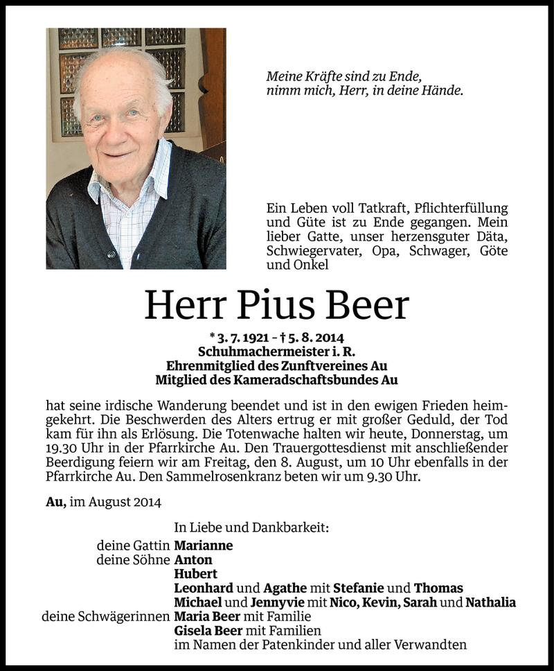  Todesanzeige für Pius Beer vom 06.08.2014 aus Vorarlberger Nachrichten