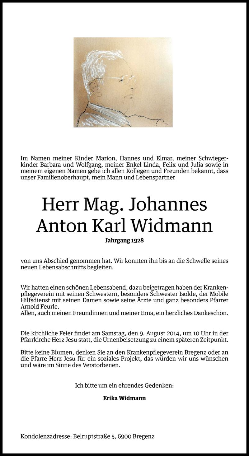  Todesanzeige für Johannes Anton Karl Widmann vom 06.08.2014 aus Vorarlberger Nachrichten