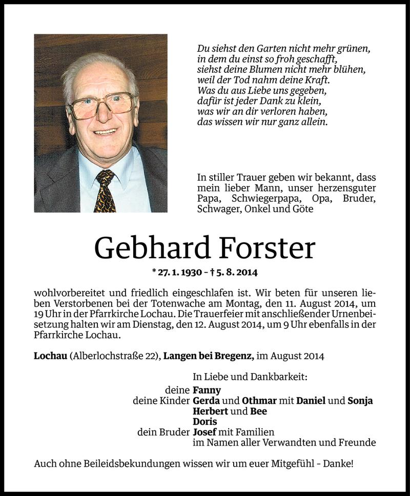  Todesanzeige für Gebhard Forster vom 08.08.2014 aus Vorarlberger Nachrichten