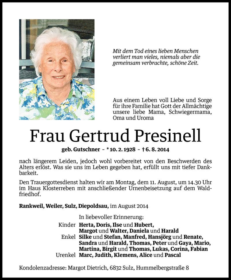  Todesanzeige für Gertrud Presinell vom 09.08.2014 aus Vorarlberger Nachrichten