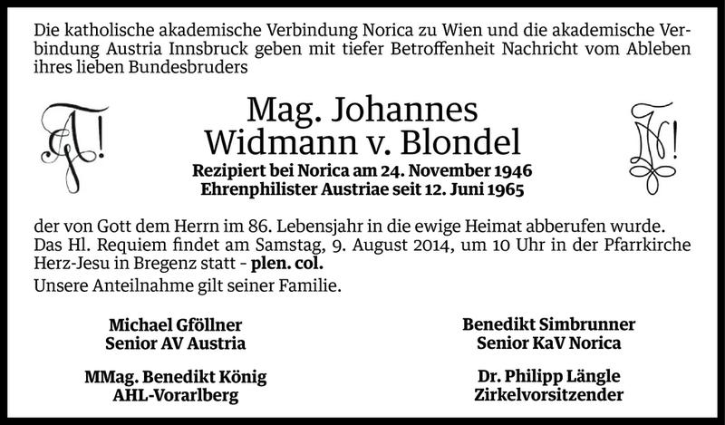  Todesanzeige für Johannes Anton Karl Widmann vom 07.08.2014 aus Vorarlberger Nachrichten