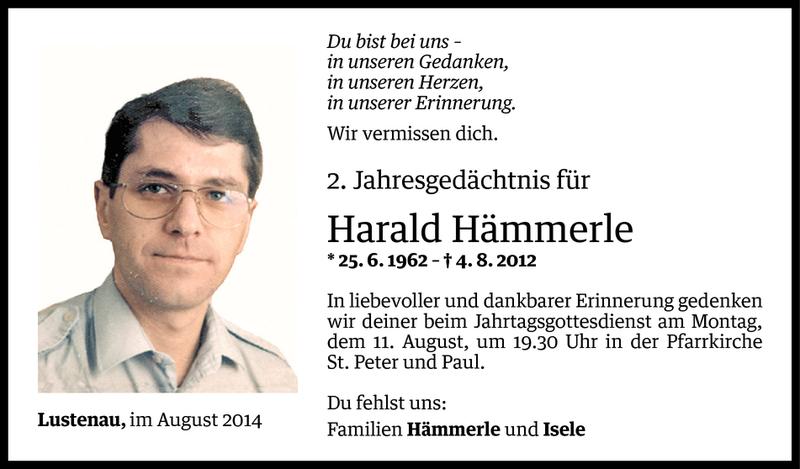  Todesanzeige für Harald Hämmerle vom 08.08.2014 aus Vorarlberger Nachrichten