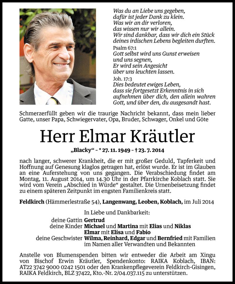  Todesanzeige für Elmar Kräutler vom 08.08.2014 aus Vorarlberger Nachrichten