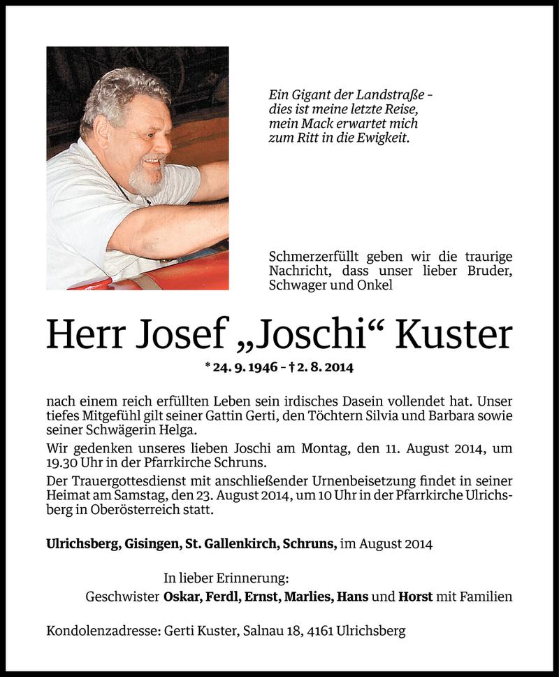  Todesanzeige für Josef Kuster vom 08.08.2014 aus Vorarlberger Nachrichten