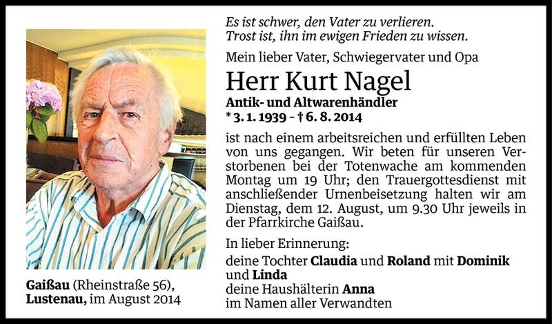  Todesanzeige für Kurt Nagel vom 08.08.2014 aus Vorarlberger Nachrichten