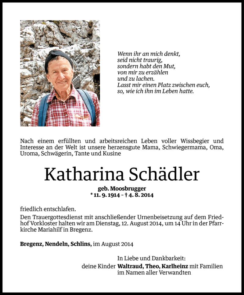  Todesanzeige für Katharina Schädler vom 08.08.2014 aus Vorarlberger Nachrichten