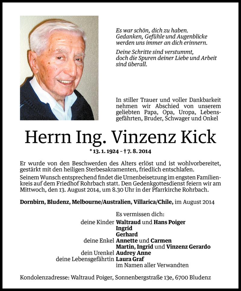  Todesanzeige für Vinzenz Kick vom 09.08.2014 aus Vorarlberger Nachrichten