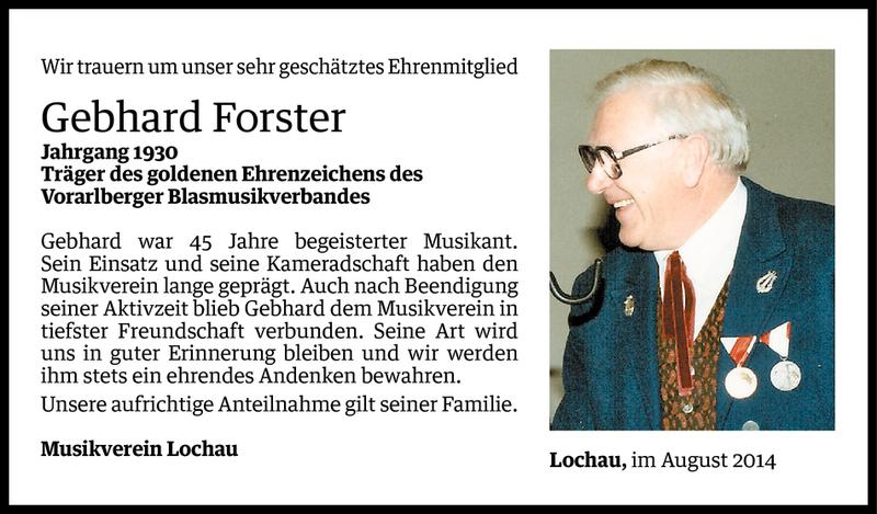  Todesanzeige für Gebhard Forster vom 08.08.2014 aus Vorarlberger Nachrichten