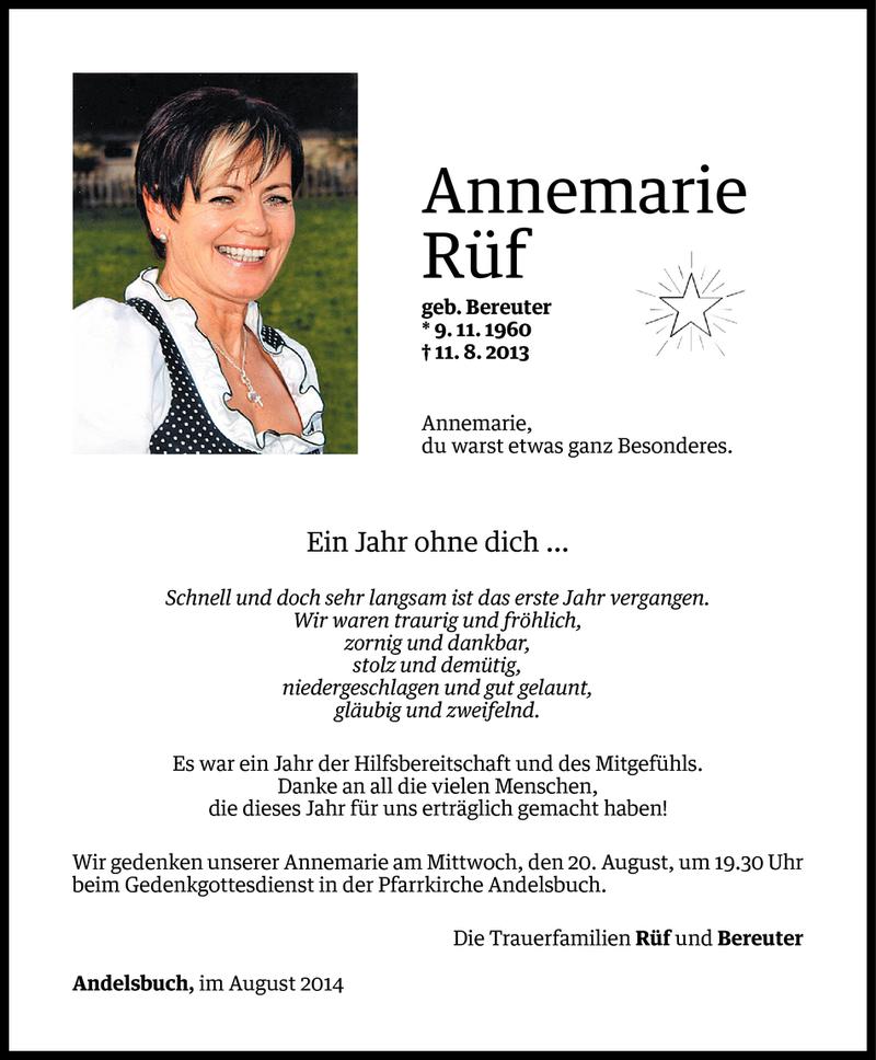  Todesanzeige für Annemarie Rüf vom 10.08.2014 aus Vorarlberger Nachrichten