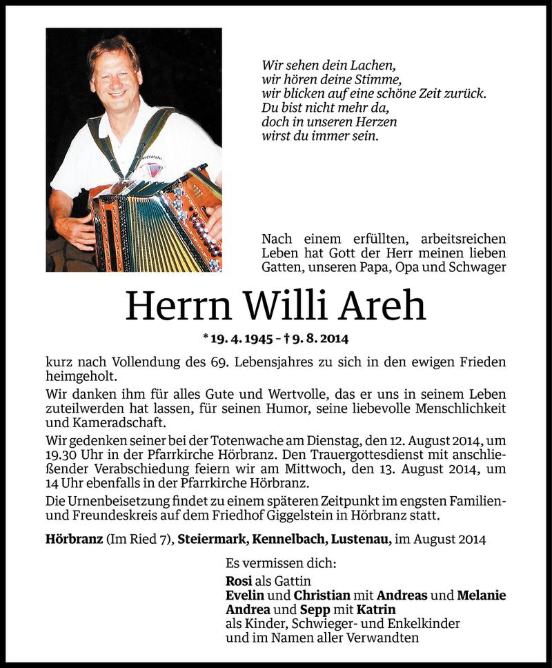  Todesanzeige für Willi Areh vom 10.08.2014 aus Vorarlberger Nachrichten