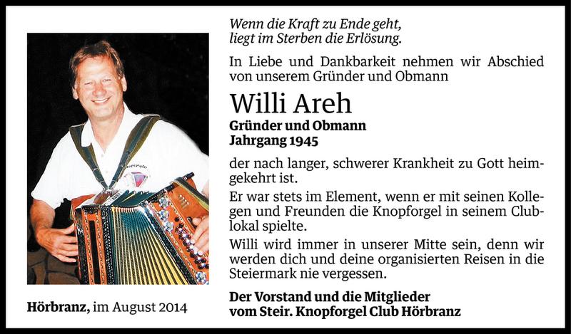  Todesanzeige für Willi Areh vom 10.08.2014 aus Vorarlberger Nachrichten