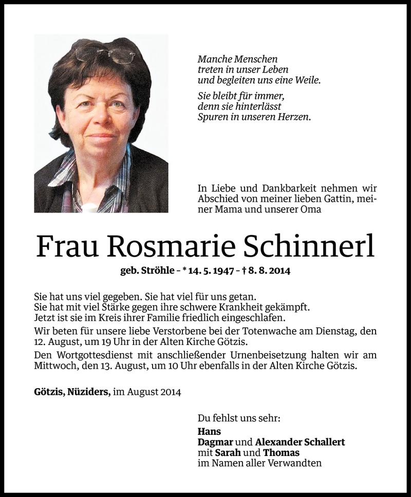  Todesanzeige für Rosmarie Schinnerl vom 10.08.2014 aus Vorarlberger Nachrichten