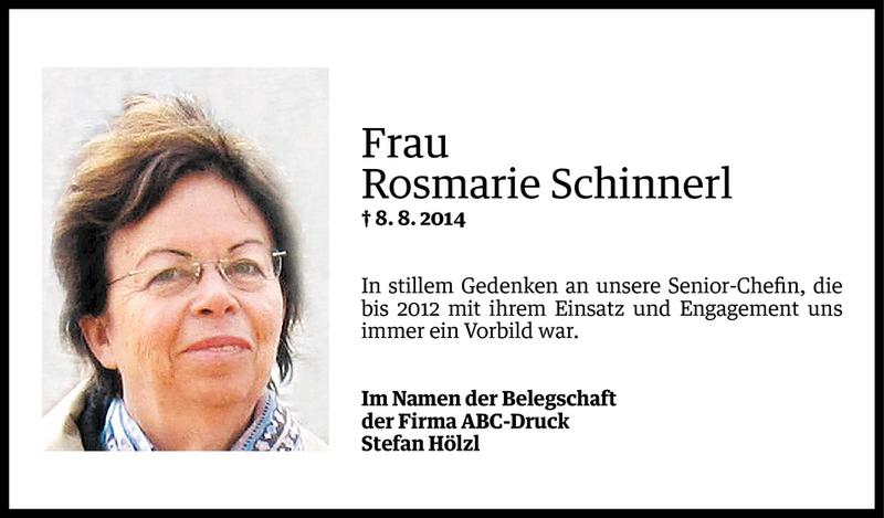  Todesanzeige für Rosmarie Schinnerl vom 10.08.2014 aus Vorarlberger Nachrichten