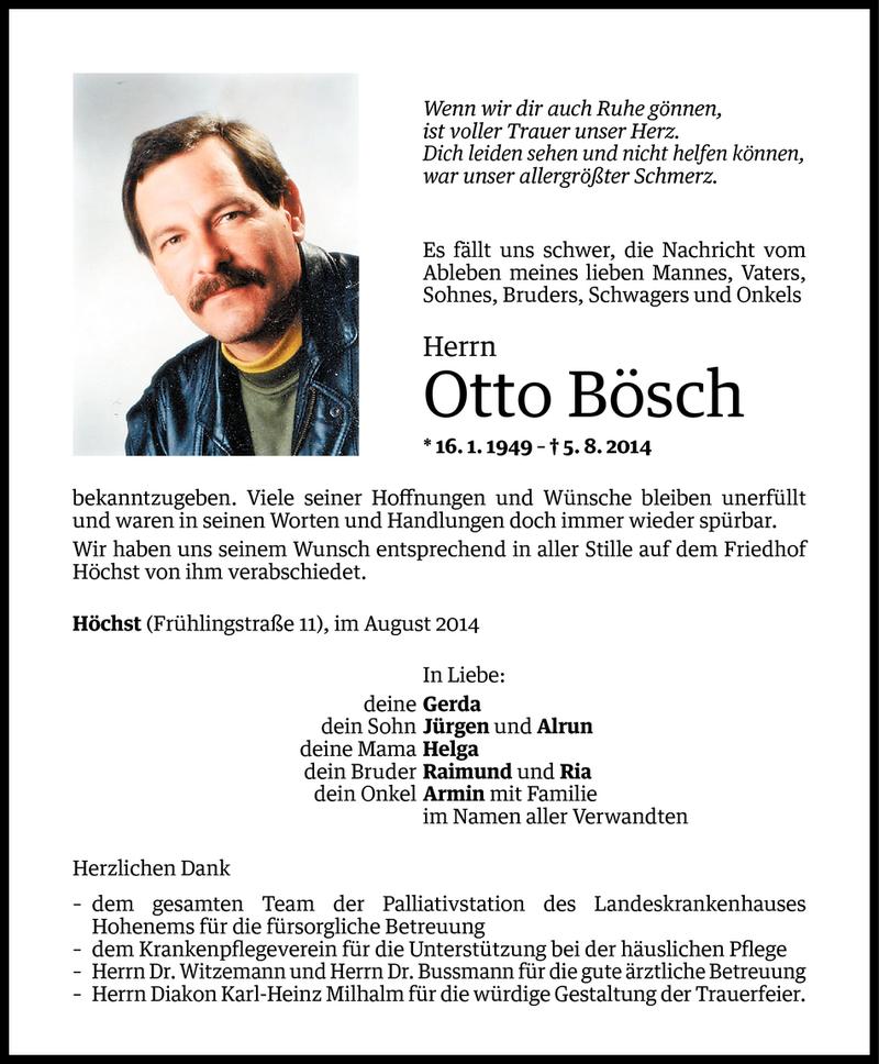  Todesanzeige für Otto Bösch vom 12.08.2014 aus Vorarlberger Nachrichten