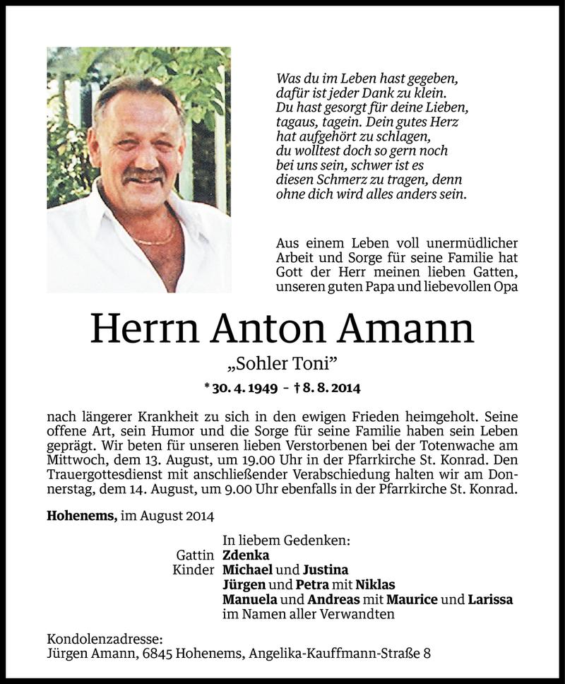  Todesanzeige für Anton Amann vom 12.08.2014 aus Vorarlberger Nachrichten