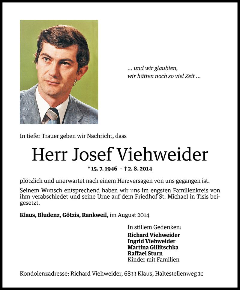  Todesanzeige für Josef Viehweider vom 12.08.2014 aus Vorarlberger Nachrichten