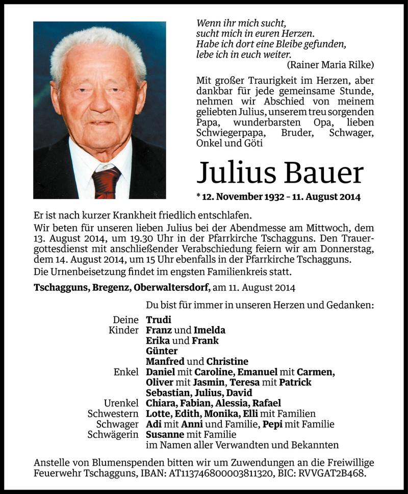  Todesanzeige für Julius Bauer vom 11.08.2014 aus Vorarlberger Nachrichten