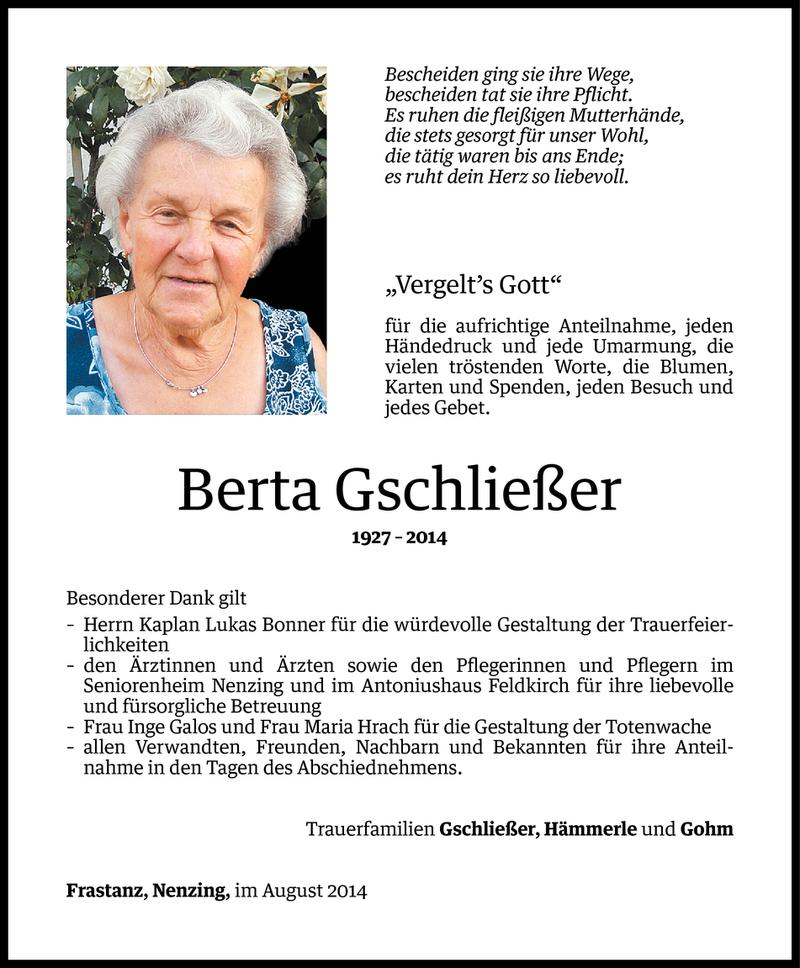  Todesanzeige für Berta Gschließer vom 13.08.2014 aus Vorarlberger Nachrichten