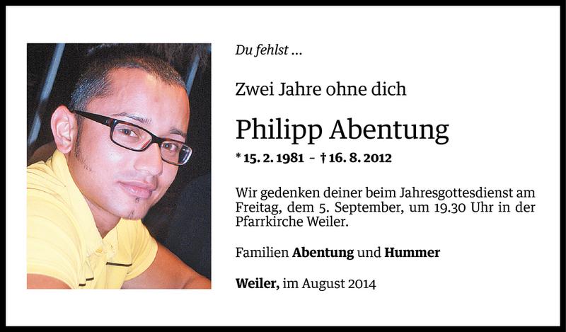  Todesanzeige für Philipp Abentung vom 16.08.2014 aus Vorarlberger Nachrichten