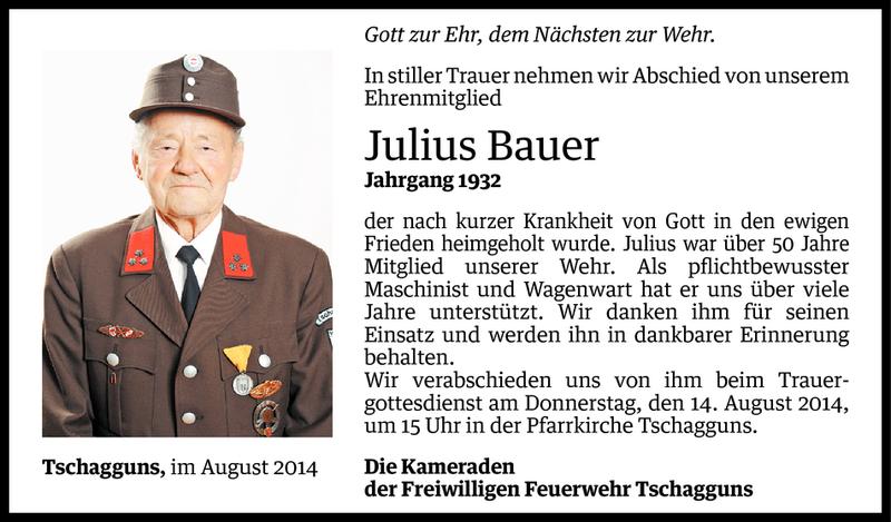  Todesanzeige für Julius Bauer vom 12.08.2014 aus Vorarlberger Nachrichten