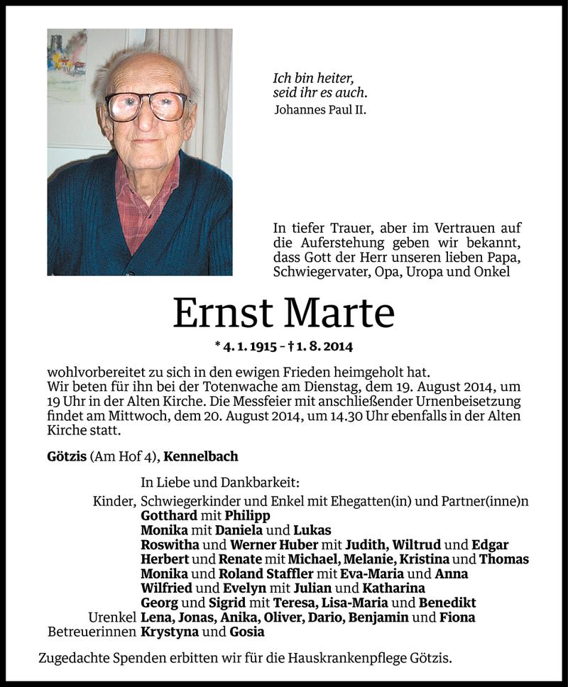  Todesanzeige für Ernst Marte vom 15.08.2014 aus Vorarlberger Nachrichten