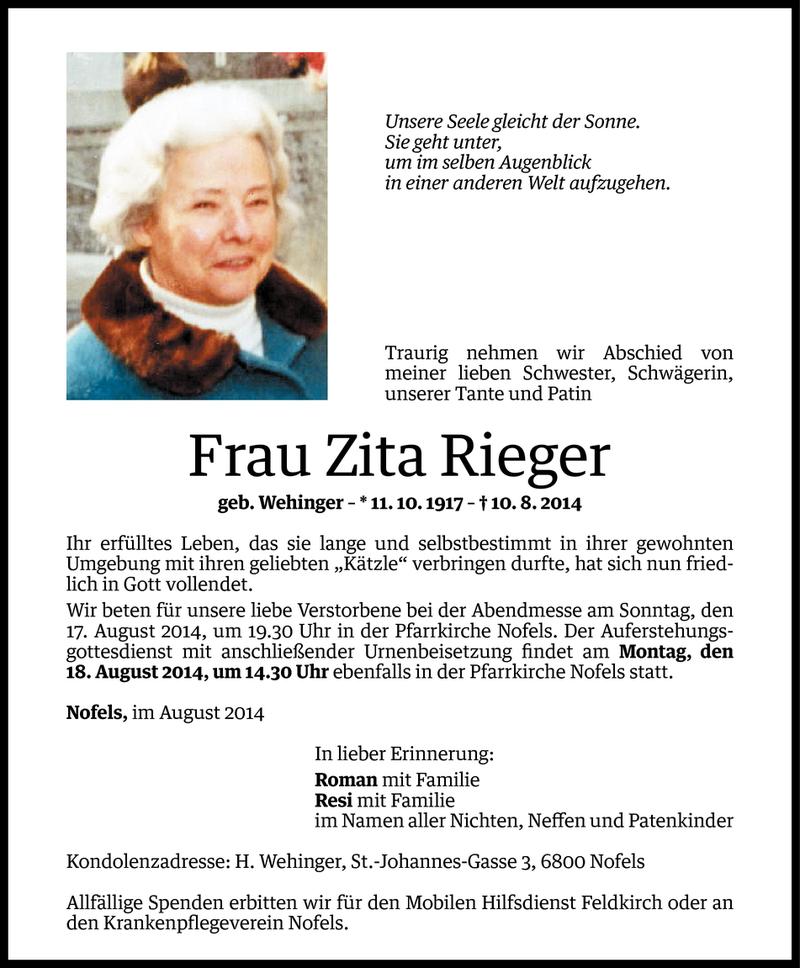  Todesanzeige für Zita Rieger vom 15.08.2014 aus Vorarlberger Nachrichten