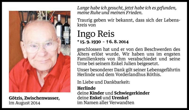  Todesanzeige für Ingo Reis vom 20.08.2014 aus Vorarlberger Nachrichten