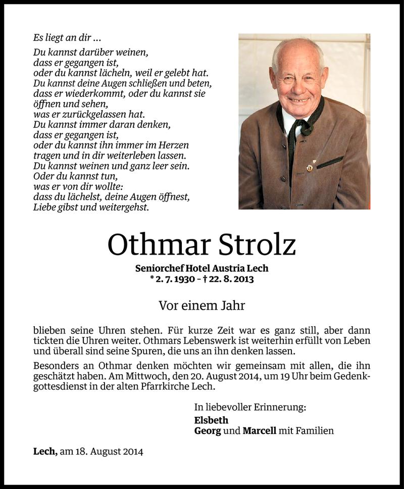  Todesanzeige für Othmar Strolz vom 17.08.2014 aus Vorarlberger Nachrichten