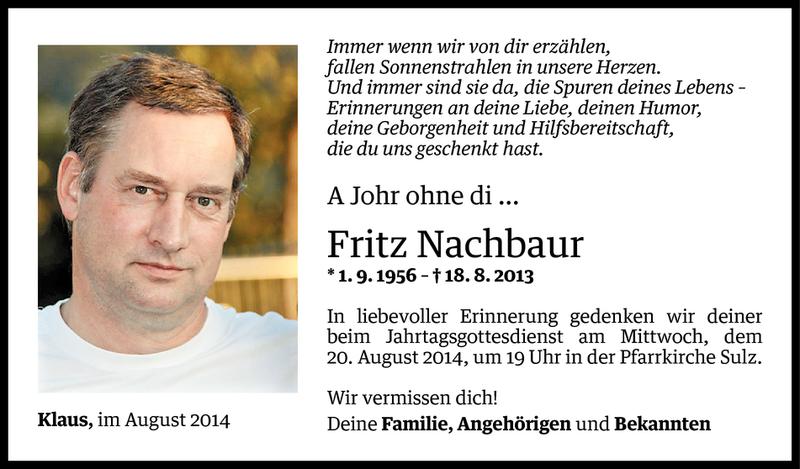  Todesanzeige für Fritz Nachbaur vom 17.08.2014 aus Vorarlberger Nachrichten