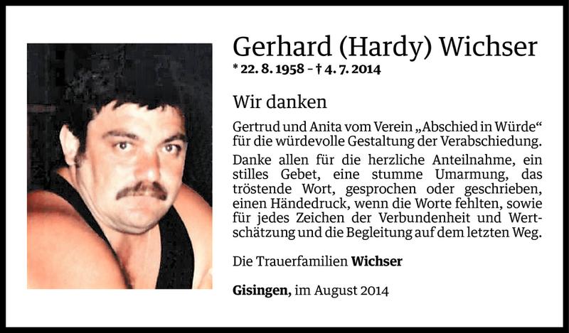  Todesanzeige für Gerhard Wichser vom 13.08.2014 aus Vorarlberger Nachrichten