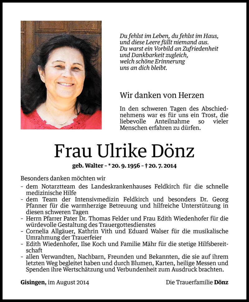  Todesanzeige für Ulrike Dönz vom 13.08.2014 aus Vorarlberger Nachrichten