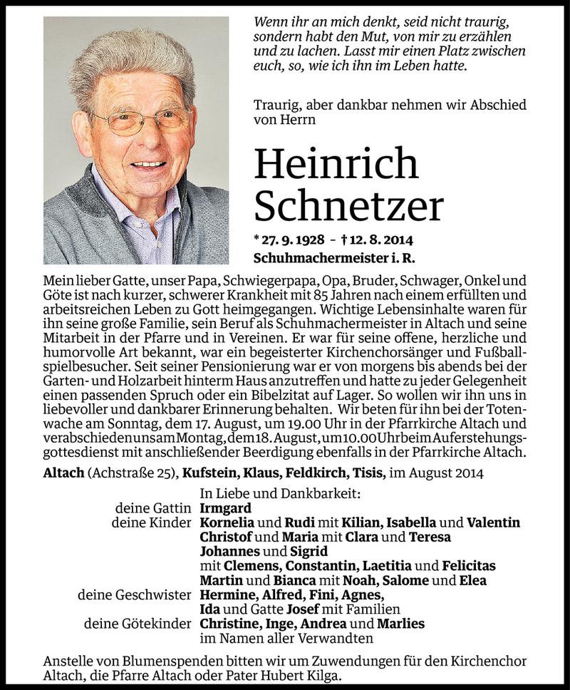  Todesanzeige für Heinrich Schnetzer vom 14.08.2014 aus Vorarlberger Nachrichten