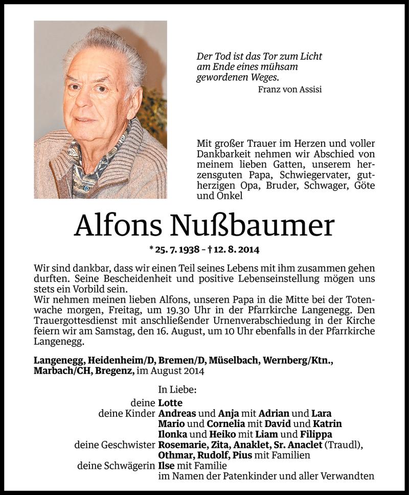 Todesanzeige für Alfons Nußbaumer vom 13.08.2014 aus Vorarlberger Nachrichten