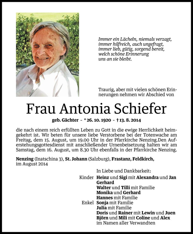  Todesanzeige für Antonia Schiefer vom 14.08.2014 aus Vorarlberger Nachrichten