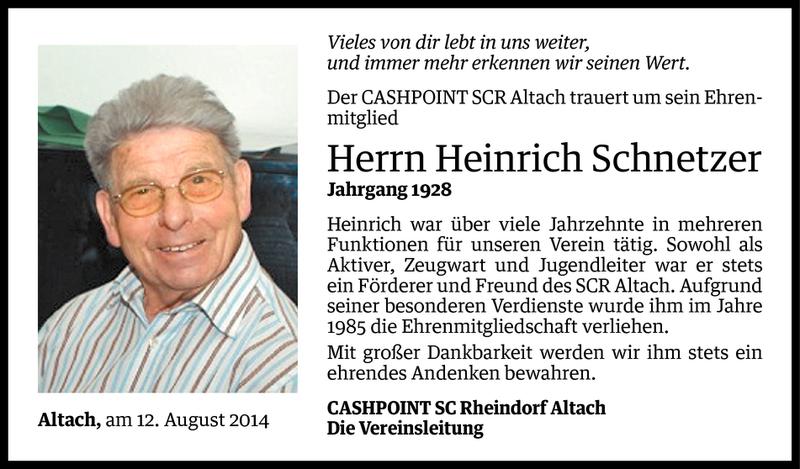  Todesanzeige für Heinrich Schnetzer vom 14.08.2014 aus Vorarlberger Nachrichten