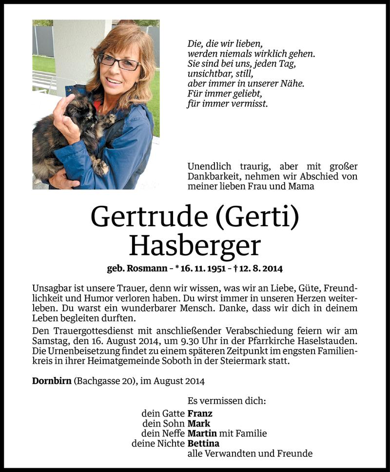  Todesanzeige für Gertrude Hasberger vom 13.08.2014 aus Vorarlberger Nachrichten