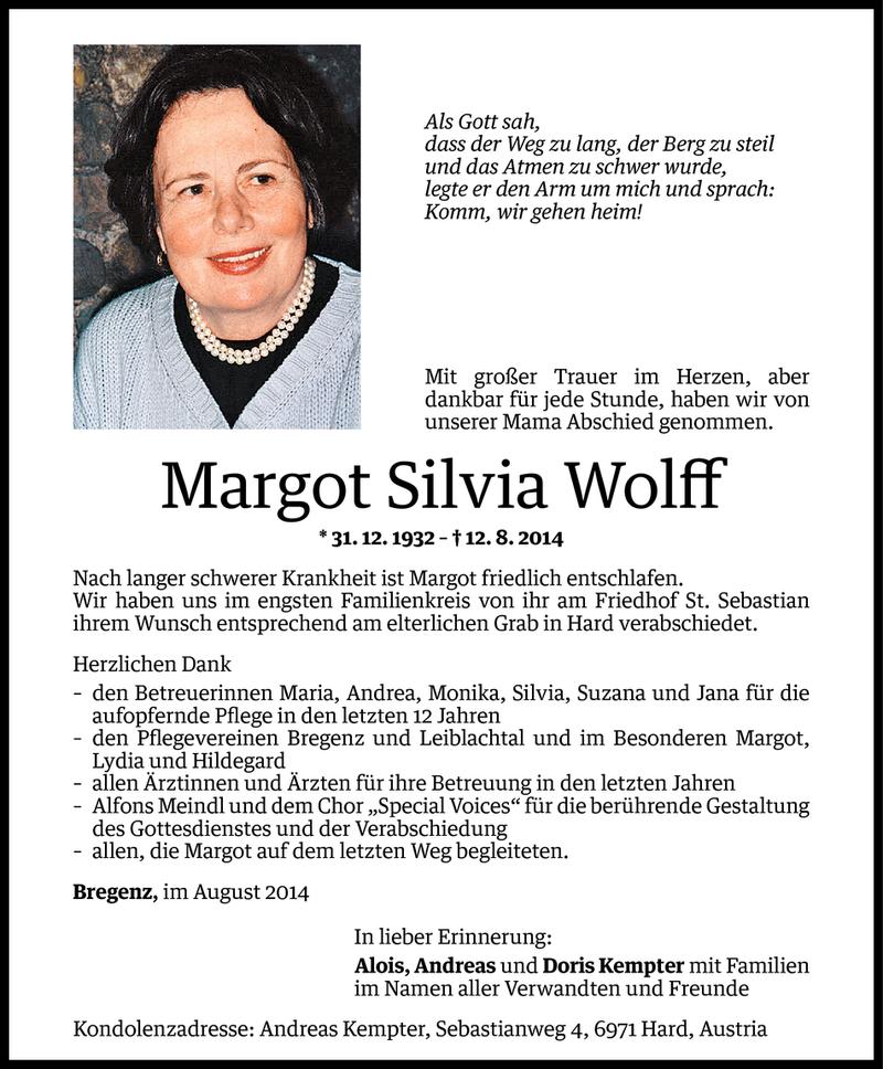  Todesanzeige für Margot Silvia Wolff vom 16.08.2014 aus Vorarlberger Nachrichten