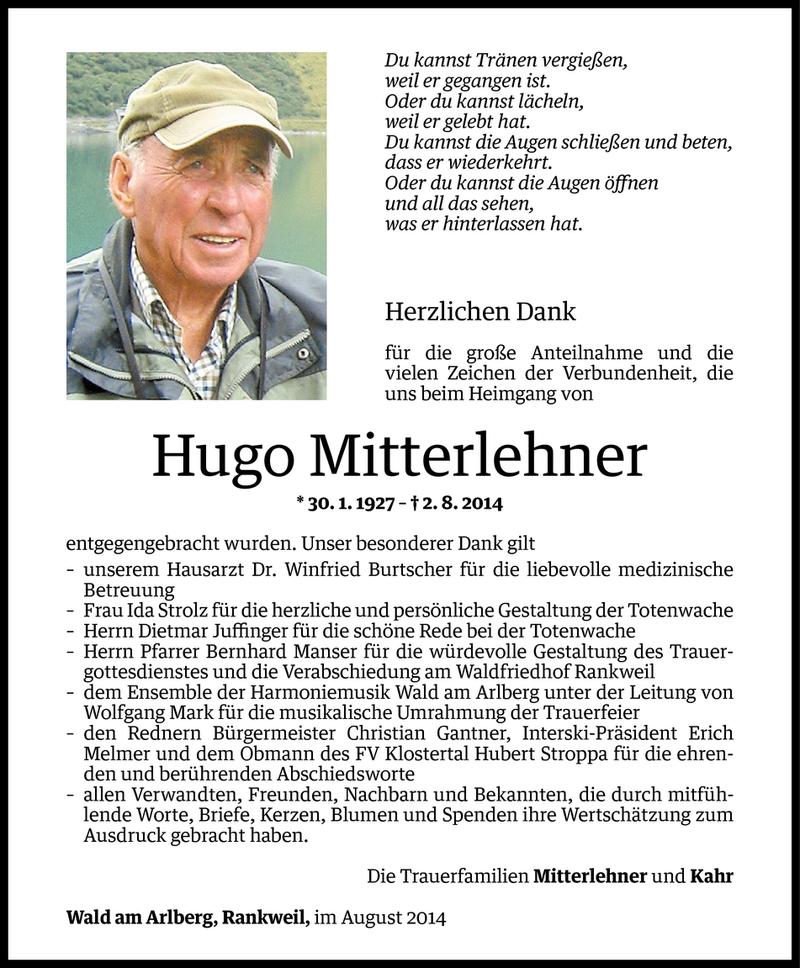  Todesanzeige für Hugo Mitterlehner vom 22.08.2014 aus Vorarlberger Nachrichten