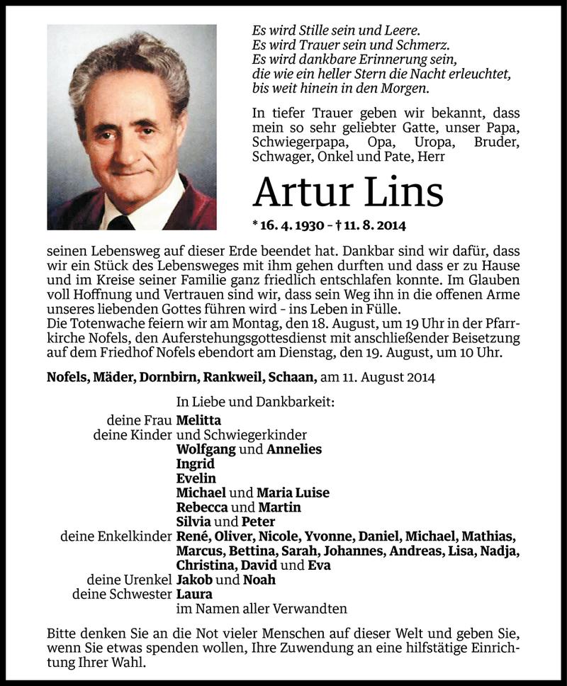  Todesanzeige für Artur Lins vom 14.08.2014 aus Vorarlberger Nachrichten