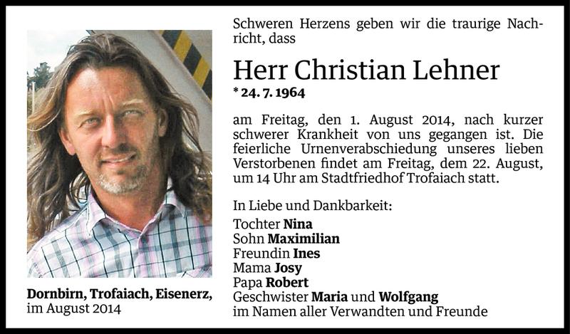  Todesanzeige für Christian Lehner vom 14.08.2014 aus Vorarlberger Nachrichten