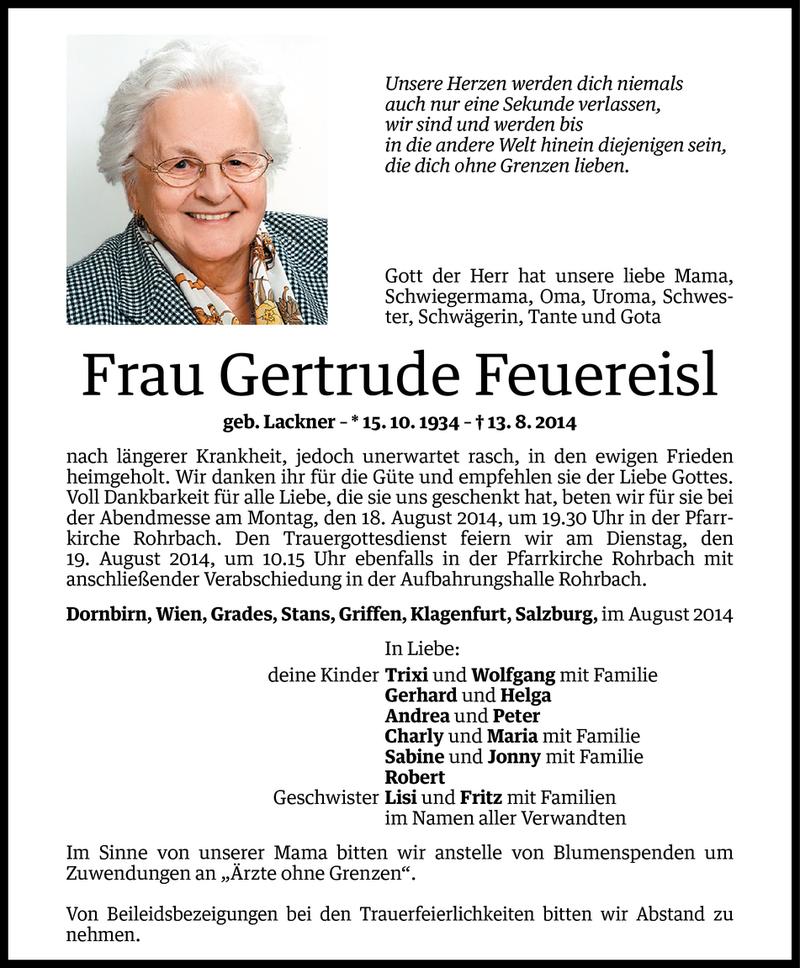  Todesanzeige für Gertrude Feuereisl vom 14.08.2014 aus Vorarlberger Nachrichten