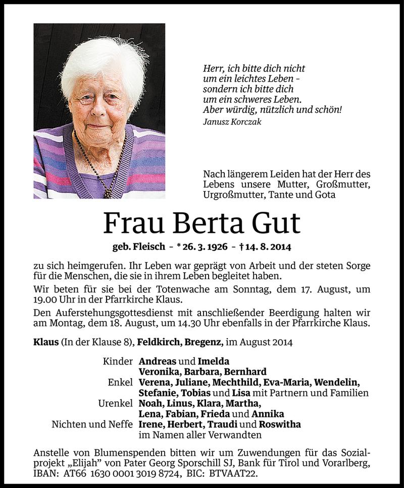  Todesanzeige für Berta Gut vom 16.08.2014 aus Vorarlberger Nachrichten