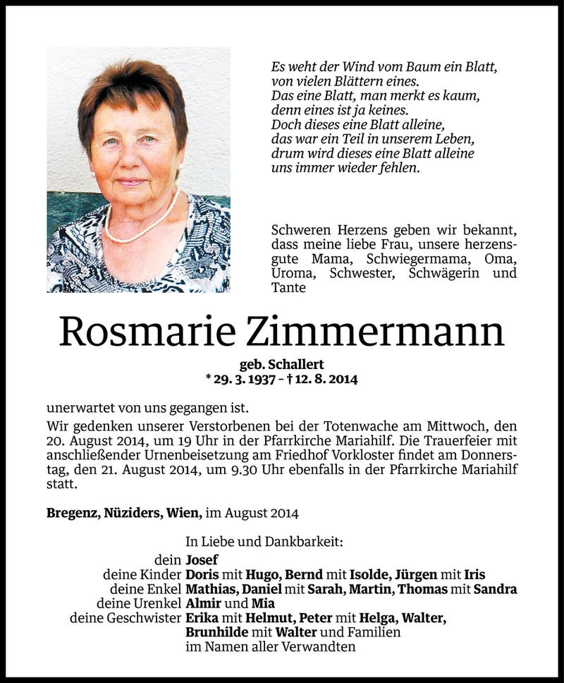 Todesanzeige für Rosmarie Zimmermann vom 17.08.2014 aus Vorarlberger Nachrichten