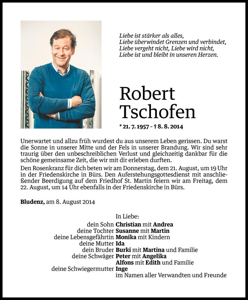  Todesanzeige für Robert Tschofen vom 19.08.2014 aus Vorarlberger Nachrichten