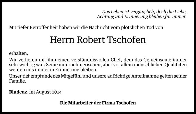  Todesanzeige für Robert Tschofen vom 19.08.2014 aus Vorarlberger Nachrichten