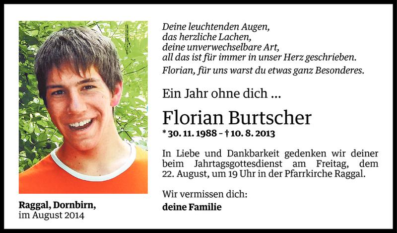  Todesanzeige für Florian Burtscher vom 18.08.2014 aus Vorarlberger Nachrichten