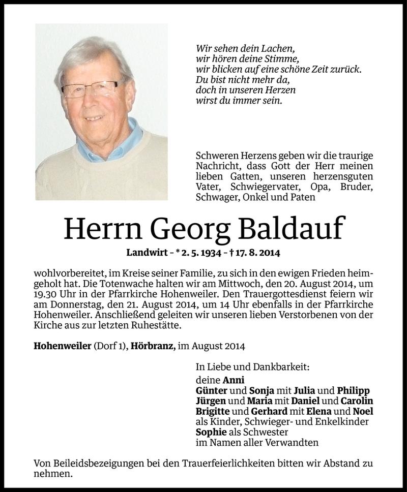  Todesanzeige für Georg Baldauf vom 18.08.2014 aus Vorarlberger Nachrichten